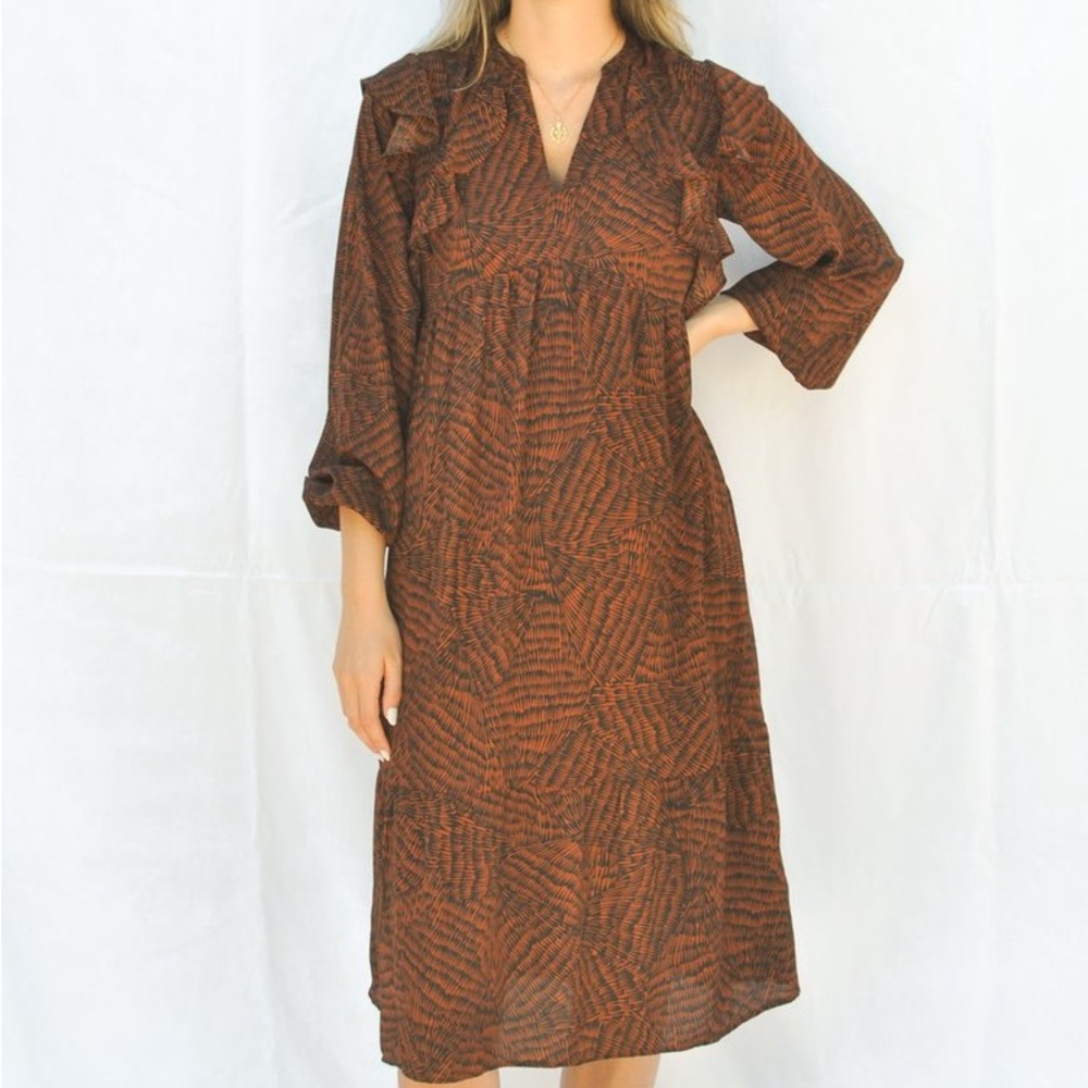 A New Day | Tiger Print Brown and Black Midi Dress NECK HAS BEEN TAILORED